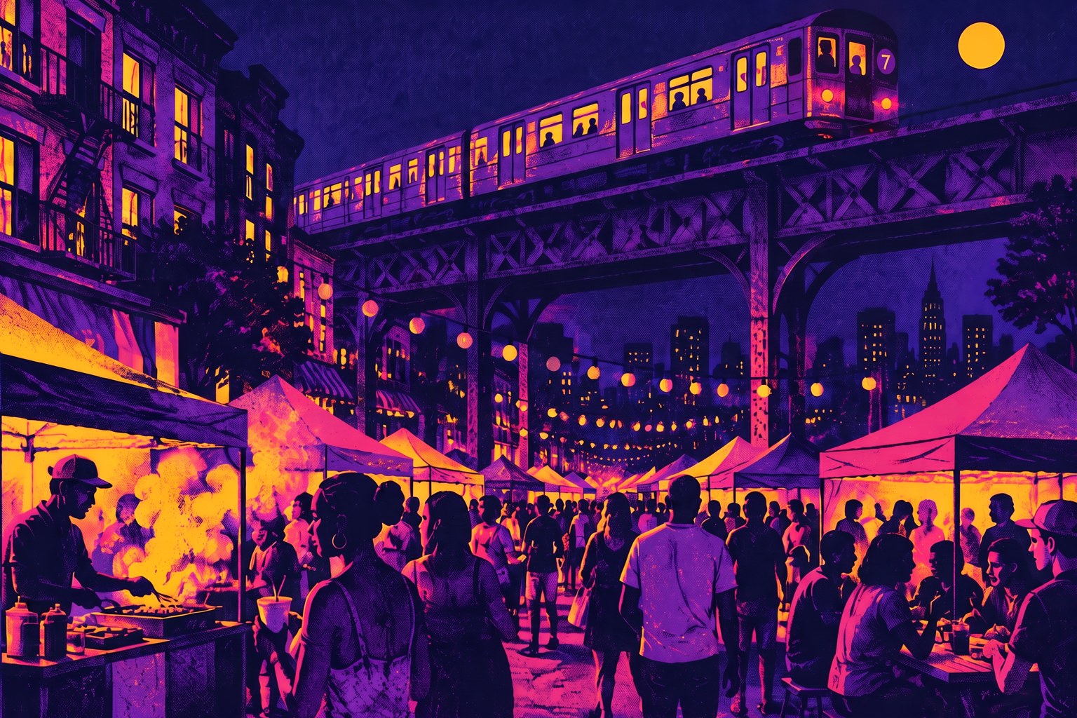 Screenprint-style illustration of a Woodside Queens street market under the elevated 7 train at night